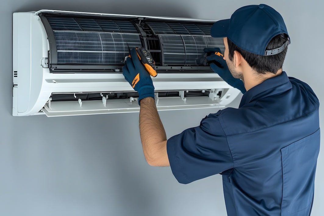 An air conditioning technician is repairing air conditioners in the room