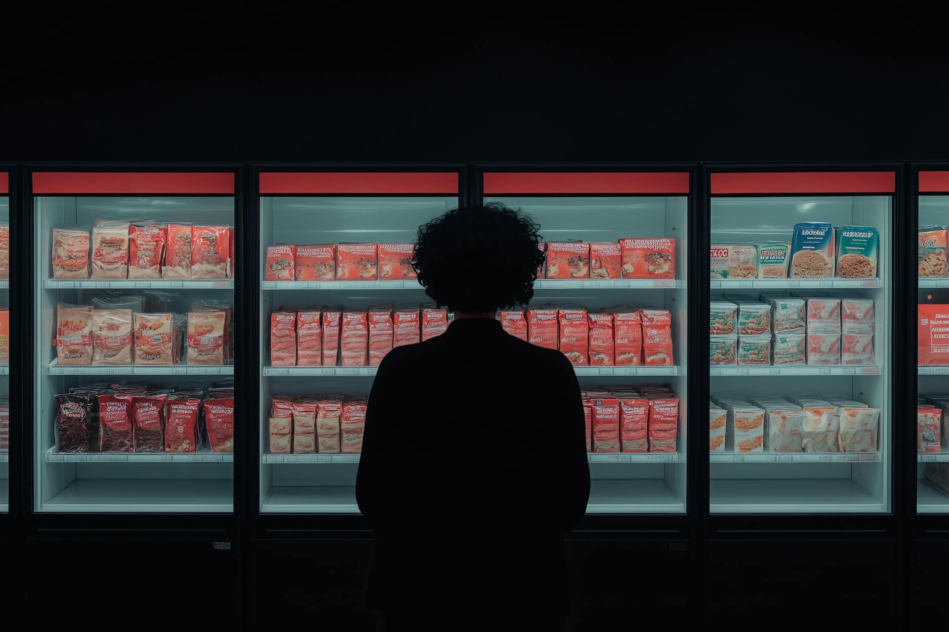 Grocery Aisle Contemplation: A solitary figure stands before a brightly lit, glass-fronted refrigerated aisle, lost in thought. The scene is a blend of stark contrasts, and muted colors.