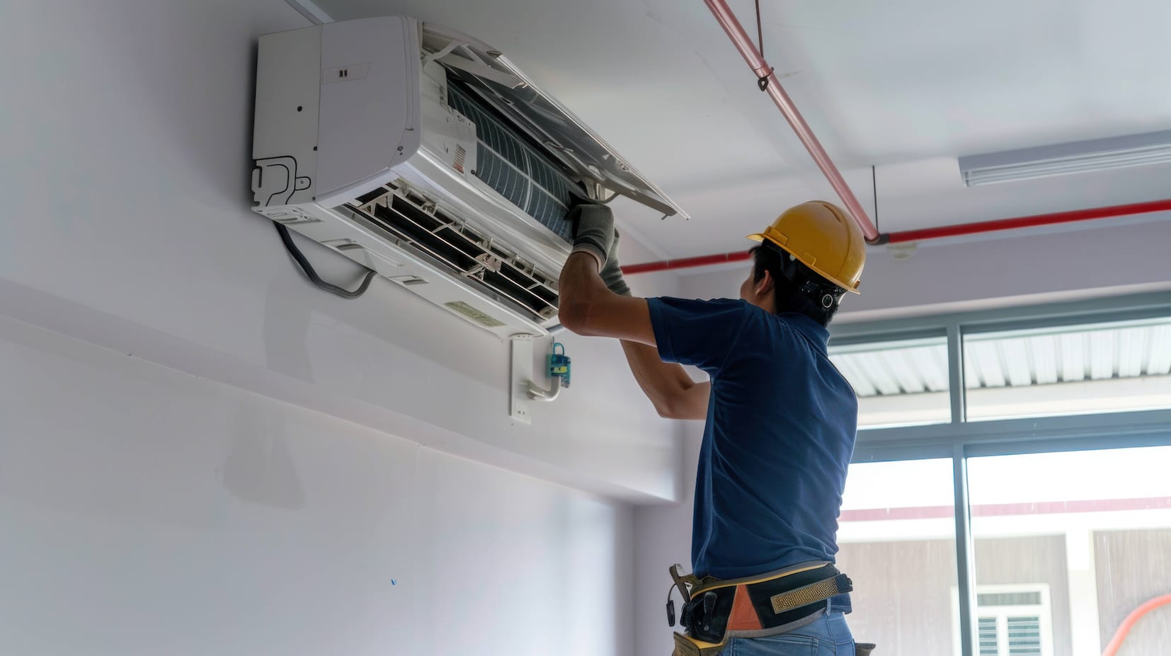 Skilled Technician Expertly Installing Cassette Air Conditioner System in Commercial Building.